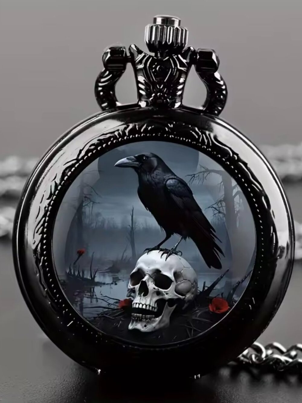 Vintage Gothic Crow & Skull Pattern Black Chain Watch